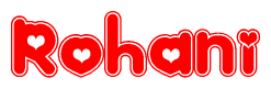 The image is a red and white graphic with the word Rohani written in a decorative script. Each letter in  is contained within its own outlined bubble-like shape. Inside each letter, there is a white heart symbol.