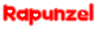 The image displays the word Rapunzel written in a stylized red font with hearts inside the letters.