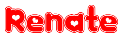 The image is a red and white graphic with the word Renate written in a decorative script. Each letter in  is contained within its own outlined bubble-like shape. Inside each letter, there is a white heart symbol.