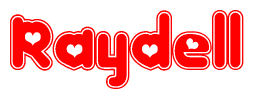 The image is a red and white graphic with the word Raydell written in a decorative script. Each letter in  is contained within its own outlined bubble-like shape. Inside each letter, there is a white heart symbol.