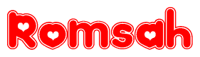 The image is a clipart featuring the word Romsah written in a stylized font with a heart shape replacing inserted into the center of each letter. The color scheme of the text and hearts is red with a light outline.