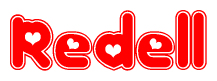 The image is a clipart featuring the word Redell written in a stylized font with a heart shape replacing inserted into the center of each letter. The color scheme of the text and hearts is red with a light outline.