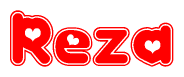The image is a clipart featuring the word Reza written in a stylized font with a heart shape replacing inserted into the center of each letter. The color scheme of the text and hearts is red with a light outline.