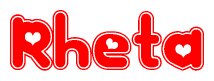 The image is a red and white graphic with the word Rheta written in a decorative script. Each letter in  is contained within its own outlined bubble-like shape. Inside each letter, there is a white heart symbol.