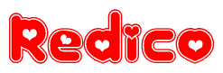 The image displays the word Redico written in a stylized red font with hearts inside the letters.