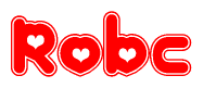 The image is a red and white graphic with the word Robc written in a decorative script. Each letter in  is contained within its own outlined bubble-like shape. Inside each letter, there is a white heart symbol.