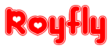 The image is a red and white graphic with the word Royfly written in a decorative script. Each letter in  is contained within its own outlined bubble-like shape. Inside each letter, there is a white heart symbol.