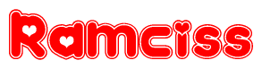 The image is a red and white graphic with the word Ramciss written in a decorative script. Each letter in  is contained within its own outlined bubble-like shape. Inside each letter, there is a white heart symbol.