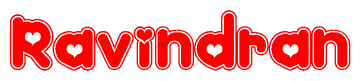The image is a red and white graphic with the word Ravindran written in a decorative script. Each letter in  is contained within its own outlined bubble-like shape. Inside each letter, there is a white heart symbol.