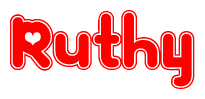 The image is a red and white graphic with the word Ruthy written in a decorative script. Each letter in  is contained within its own outlined bubble-like shape. Inside each letter, there is a white heart symbol.