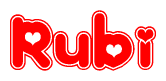 The image is a red and white graphic with the word Rubi written in a decorative script. Each letter in  is contained within its own outlined bubble-like shape. Inside each letter, there is a white heart symbol.