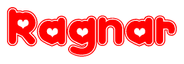   The image is a red and white graphic with the word Ragnar written in a decorative script. Each letter in  is contained within its own outlined bubble-like shape. Inside each letter, there is a white heart symbol. 