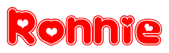 The image is a clipart featuring the word Ronnie written in a stylized font with a heart shape replacing inserted into the center of each letter. The color scheme of the text and hearts is red with a light outline.