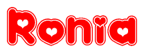 The image is a clipart featuring the word Ronia written in a stylized font with a heart shape replacing inserted into the center of each letter. The color scheme of the text and hearts is red with a light outline.