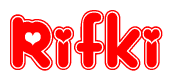 The image is a red and white graphic with the word Rifki written in a decorative script. Each letter in  is contained within its own outlined bubble-like shape. Inside each letter, there is a white heart symbol.