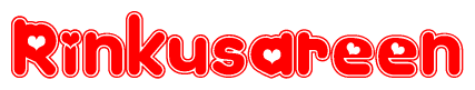 The image is a clipart featuring the word Rinkusareen written in a stylized font with a heart shape replacing inserted into the center of each letter. The color scheme of the text and hearts is red with a light outline.