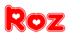 The image is a red and white graphic with the word Roz written in a decorative script. Each letter in  is contained within its own outlined bubble-like shape. Inside each letter, there is a white heart symbol.