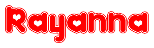 The image is a clipart featuring the word Rayanna written in a stylized font with a heart shape replacing inserted into the center of each letter. The color scheme of the text and hearts is red with a light outline.
