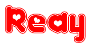The image is a clipart featuring the word Reay written in a stylized font with a heart shape replacing inserted into the center of each letter. The color scheme of the text and hearts is red with a light outline.