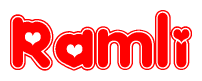 The image is a clipart featuring the word Ramli written in a stylized font with a heart shape replacing inserted into the center of each letter. The color scheme of the text and hearts is red with a light outline.