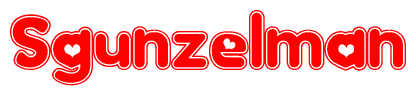 The image is a red and white graphic with the word Sgunzelman written in a decorative script. Each letter in  is contained within its own outlined bubble-like shape. Inside each letter, there is a white heart symbol.