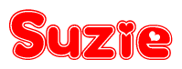 The image is a red and white graphic with the word Suzie written in a decorative script. Each letter in  is contained within its own outlined bubble-like shape. Inside each letter, there is a white heart symbol.