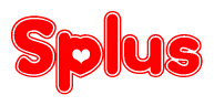 The image is a red and white graphic with the word Splus written in a decorative script. Each letter in  is contained within its own outlined bubble-like shape. Inside each letter, there is a white heart symbol.