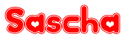 The image is a red and white graphic with the word Sascha written in a decorative script. Each letter in  is contained within its own outlined bubble-like shape. Inside each letter, there is a white heart symbol.
