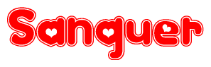 The image is a red and white graphic with the word Sanquer written in a decorative script. Each letter in  is contained within its own outlined bubble-like shape. Inside each letter, there is a white heart symbol.