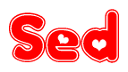 The image is a red and white graphic with the word Sed written in a decorative script. Each letter in  is contained within its own outlined bubble-like shape. Inside each letter, there is a white heart symbol.
