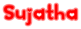 The image is a red and white graphic with the word Sujatha written in a decorative script. Each letter in  is contained within its own outlined bubble-like shape. Inside each letter, there is a white heart symbol.