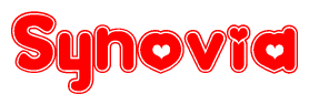 The image is a red and white graphic with the word Synovia written in a decorative script. Each letter in  is contained within its own outlined bubble-like shape. Inside each letter, there is a white heart symbol.