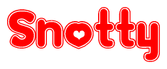 The image is a clipart featuring the word Snotty written in a stylized font with a heart shape replacing inserted into the center of each letter. The color scheme of the text and hearts is red with a light outline.