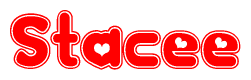 The image is a clipart featuring the word Stacee written in a stylized font with a heart shape replacing inserted into the center of each letter. The color scheme of the text and hearts is red with a light outline.