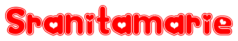 The image is a red and white graphic with the word Sranitamarie written in a decorative script. Each letter in  is contained within its own outlined bubble-like shape. Inside each letter, there is a white heart symbol.