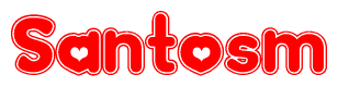 The image is a red and white graphic with the word Santosm written in a decorative script. Each letter in  is contained within its own outlined bubble-like shape. Inside each letter, there is a white heart symbol.