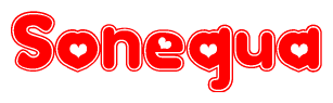 The image is a red and white graphic with the word Sonequa written in a decorative script. Each letter in  is contained within its own outlined bubble-like shape. Inside each letter, there is a white heart symbol.