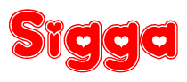 The image is a red and white graphic with the word Sigga written in a decorative script. Each letter in  is contained within its own outlined bubble-like shape. Inside each letter, there is a white heart symbol.