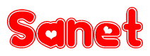 The image is a red and white graphic with the word Sanet written in a decorative script. Each letter in  is contained within its own outlined bubble-like shape. Inside each letter, there is a white heart symbol.