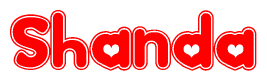 The image is a clipart featuring the word Shanda written in a stylized font with a heart shape replacing inserted into the center of each letter. The color scheme of the text and hearts is red with a light outline.