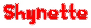 The image is a red and white graphic with the word Shynette written in a decorative script. Each letter in  is contained within its own outlined bubble-like shape. Inside each letter, there is a white heart symbol.