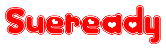 The image is a red and white graphic with the word Sueready written in a decorative script. Each letter in  is contained within its own outlined bubble-like shape. Inside each letter, there is a white heart symbol.