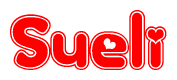 The image is a red and white graphic with the word Sueli written in a decorative script. Each letter in  is contained within its own outlined bubble-like shape. Inside each letter, there is a white heart symbol.