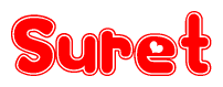 The image is a red and white graphic with the word Suret written in a decorative script. Each letter in  is contained within its own outlined bubble-like shape. Inside each letter, there is a white heart symbol.