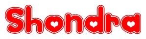 The image is a clipart featuring the word Shondra written in a stylized font with a heart shape replacing inserted into the center of each letter. The color scheme of the text and hearts is red with a light outline.