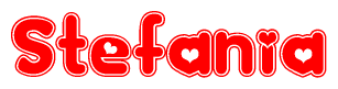 The image is a red and white graphic with the word Stefania written in a decorative script. Each letter in  is contained within its own outlined bubble-like shape. Inside each letter, there is a white heart symbol.