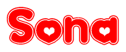 The image is a clipart featuring the word Sona written in a stylized font with a heart shape replacing inserted into the center of each letter. The color scheme of the text and hearts is red with a light outline.