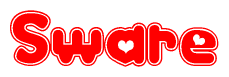 The image is a red and white graphic with the word Sware written in a decorative script. Each letter in  is contained within its own outlined bubble-like shape. Inside each letter, there is a white heart symbol.
