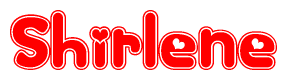 The image is a red and white graphic with the word Shirlene written in a decorative script. Each letter in  is contained within its own outlined bubble-like shape. Inside each letter, there is a white heart symbol.