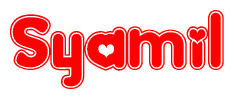 The image is a clipart featuring the word Syamil written in a stylized font with a heart shape replacing inserted into the center of each letter. The color scheme of the text and hearts is red with a light outline.